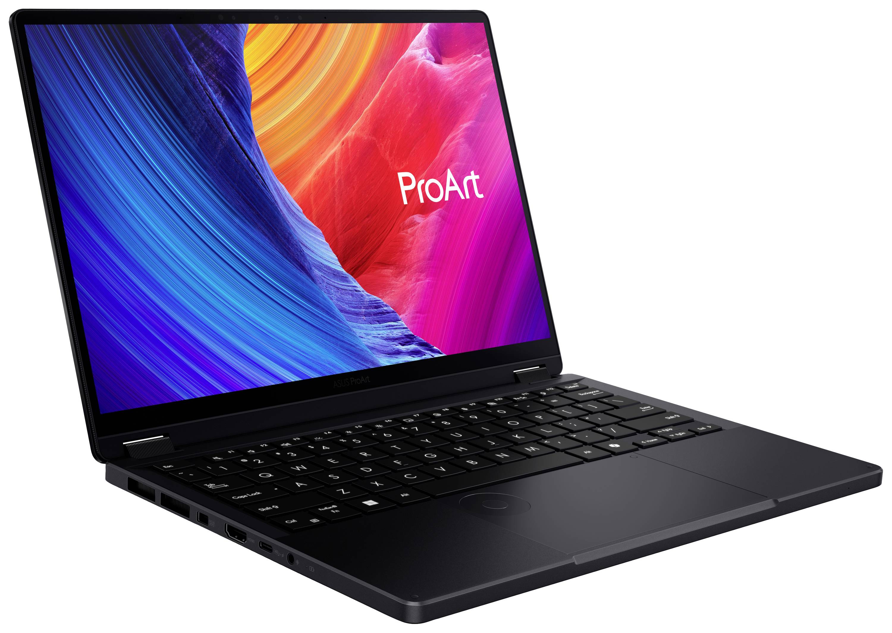 Laptop mit schwarzem Gehäuse, auf dem Bildschirm ein farbenfrohes Grafikkunstwerk mit dem Text 'ProArt'.