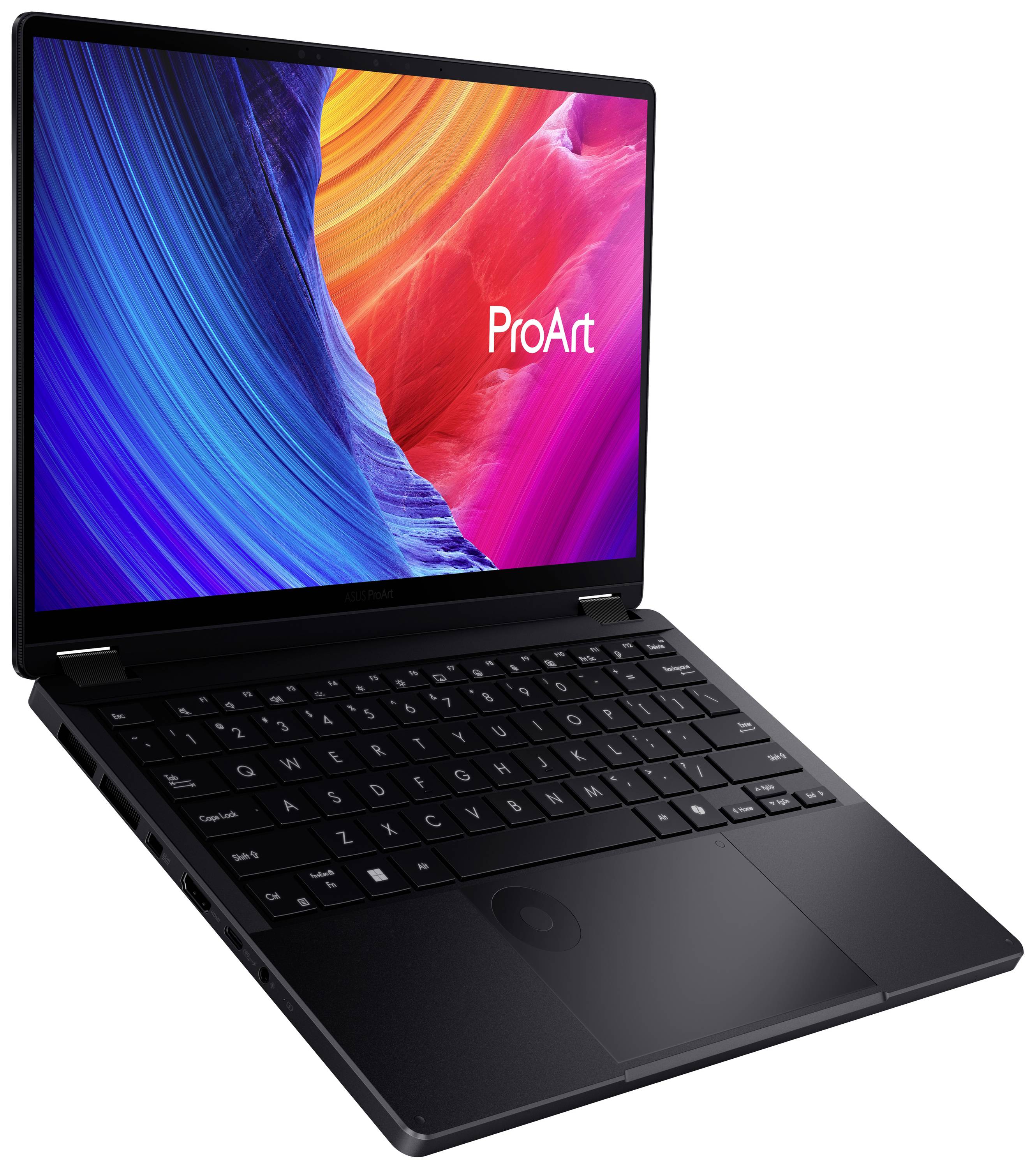 Ein Laptop mit einem farbintensiven Bildschirm, auf dem das Wort 'ProArt' steht. Der Laptop hat eine schwarze Tastatur.