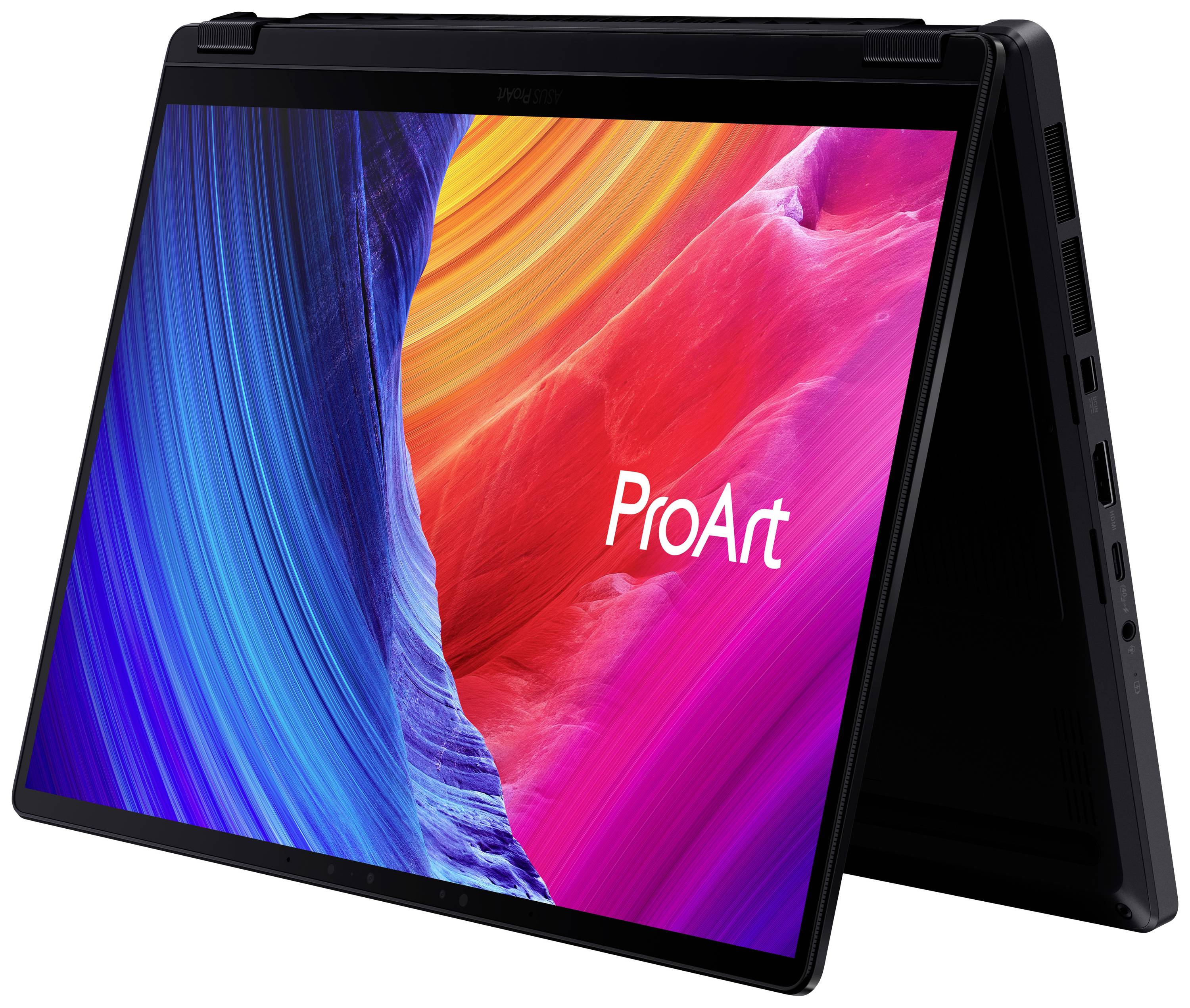 Ein Laptop im Zeltmodus, der helle, farbenfrohe Grafiken mit dem Text 'ProArt' auf dem Bildschirm anzeigt.