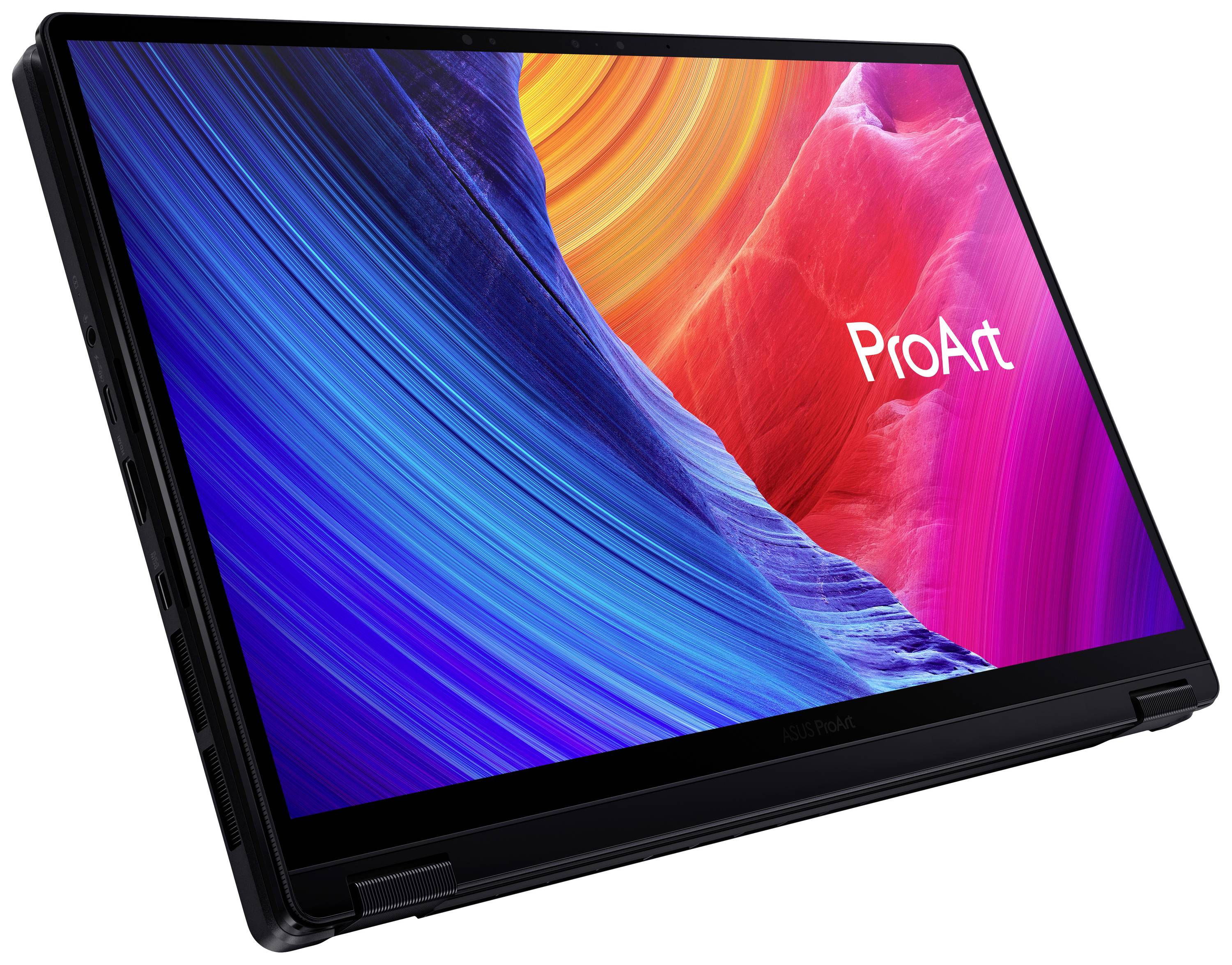 Ein Laptop mit einem bunten Bildschirm, der das Wort 'ProArt' zeigt. Der Bildschirm ist in lebhaften Blau- und Rottönen gestaltet.