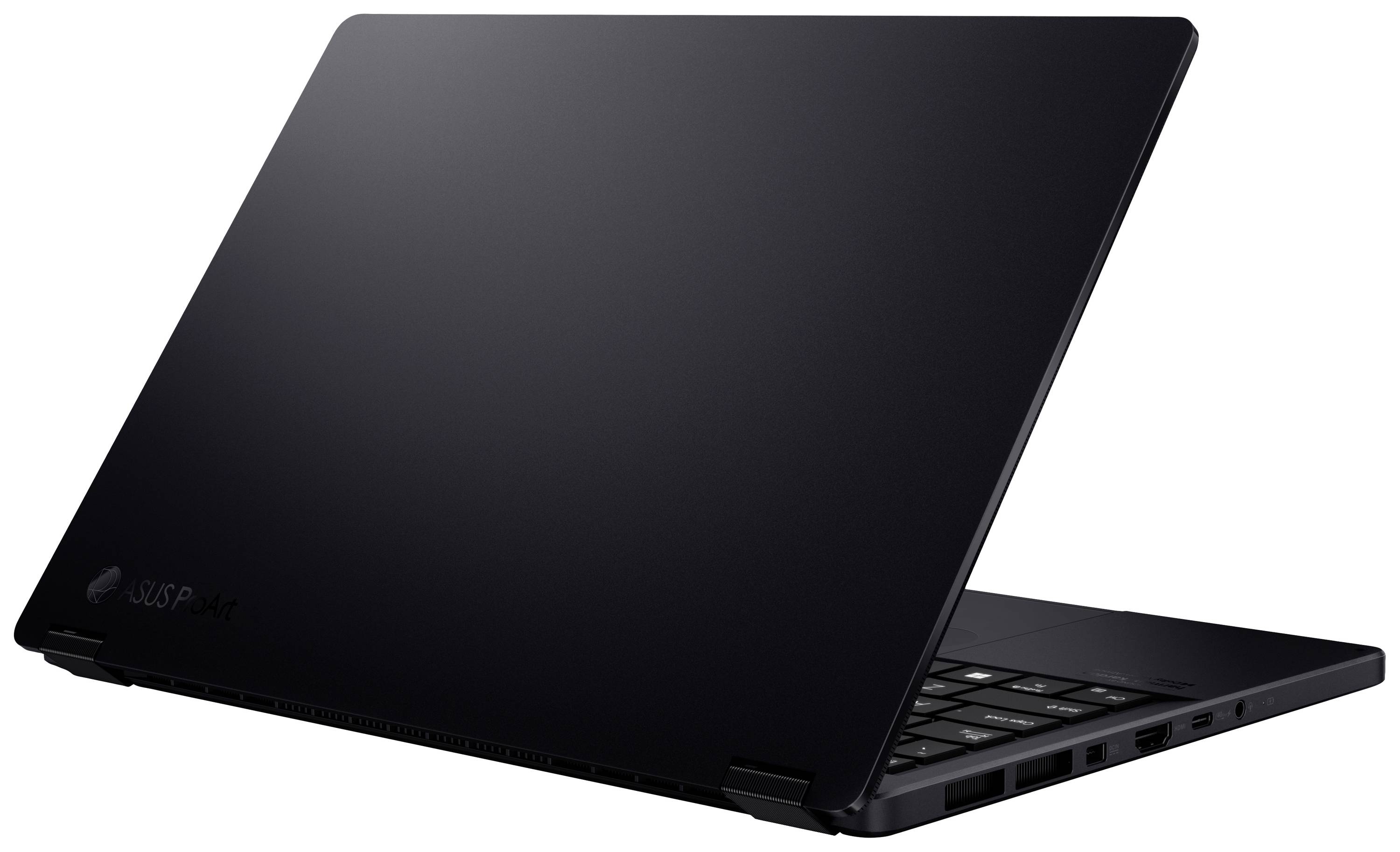 Schwarzer, geöffneter Laptop von hinten, leicht seitlich fotografiert, zeigt Bildschirmrückseite und teilweise sichtbare Tastatur.