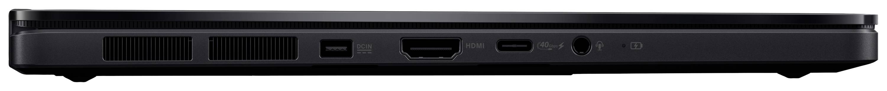 'Draufsicht auf die seitlichen Anschlüsse eines Laptops, darunter USB-, HDMI- und Netzanschluss.'