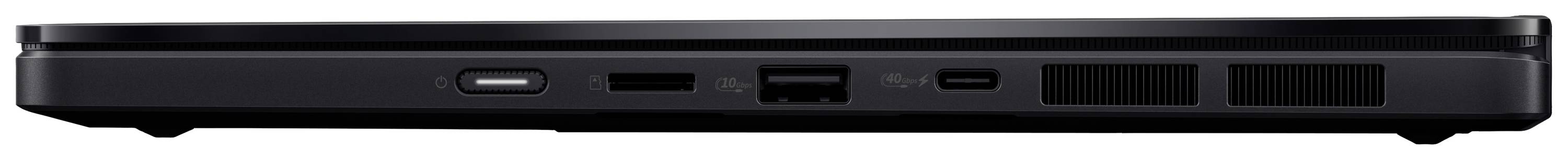 Seitenansicht eines schwarzen Laptops mit USB-Anschlüssen und Lüftungsschlitzen, auf einer ebenen Fläche stehend.