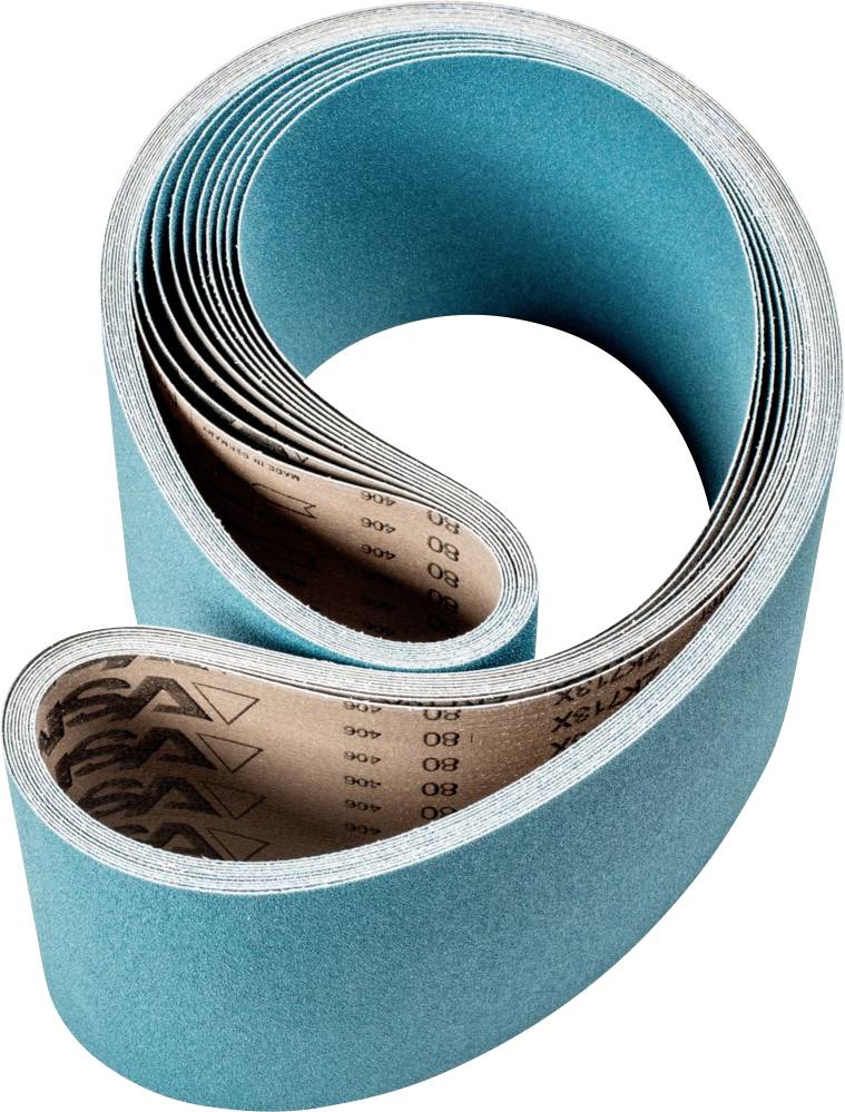 Ein blaues Schleifband ist in mehreren Lagen aufgerollt. Innen sind verschiedene Körnungen und Hinweise zur Verwendung aufgedruckt.