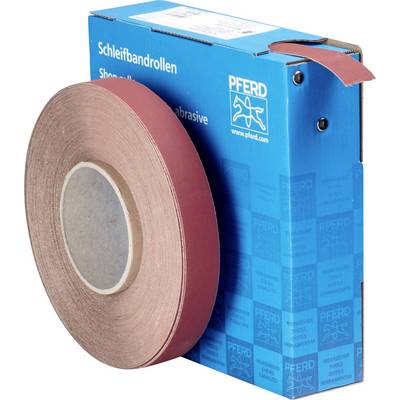 Schleifbandrolle aus braunem Schleifmaterial steht vor einer blauen Verpackung mit der Aufschrift 'Schleifbandrollen'.