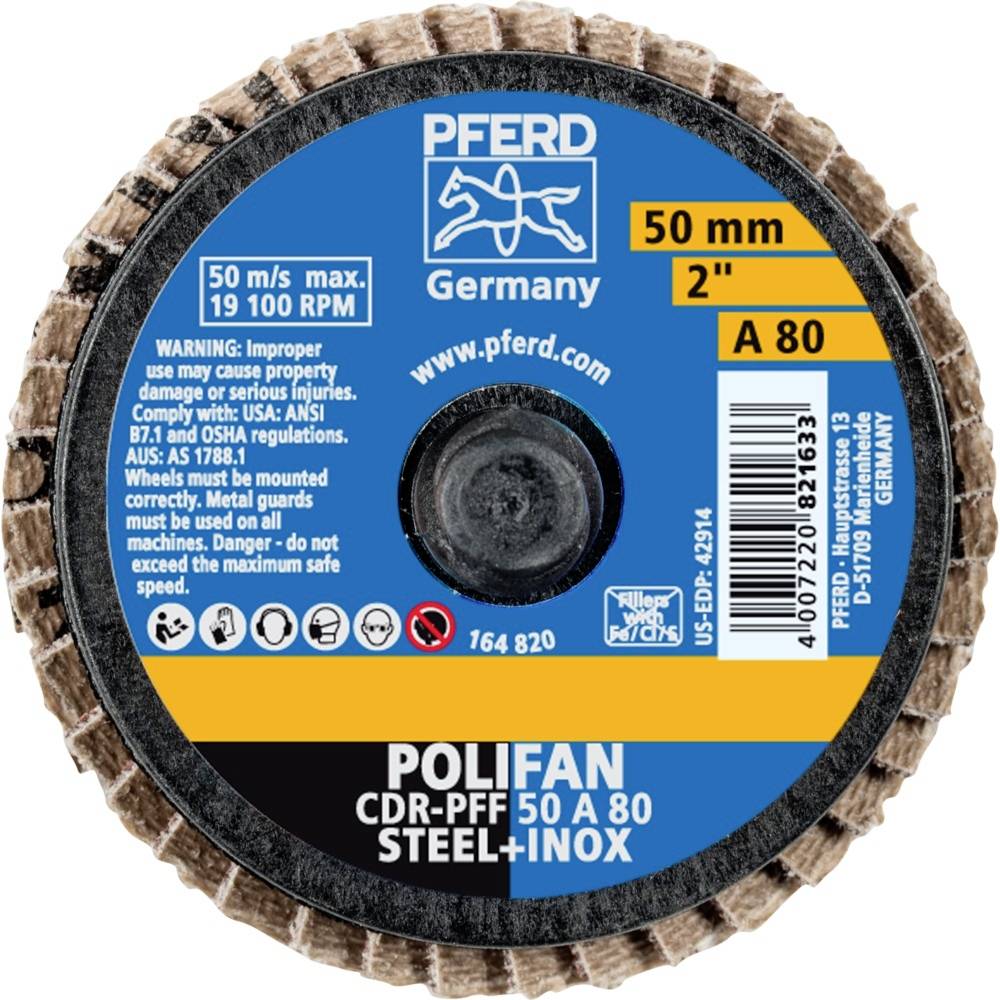 Schleifscheibe mit Pferd-Logo, Durchmesser 50 mm, Körnung A80, maximal 50 m/s, 19.100 U/min. Warnung vor Gefahren bei unsachgemäßer Anwendung.