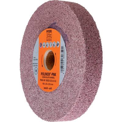 Schleifscheibe von PFERD mit orangefarbenem Etikett; Modell 'POLINOX-PNK', weich, 150 x 25 x 25,4 mm, 1.500 U/min, für Oberflächenbearbeitung.