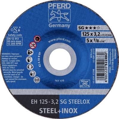 Schleifscheibe von 'PFERD' für Stahl und Inox, 125 mm Durchmesser, 3,2 mm Dicke. Sicherheitsanweisungen und Normen abgebildet.