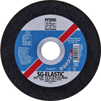 Schleifscheibe 'Pferd Germany' für Stahl und Inox, Typ SG-ELASTIC, Maße 125 x 1,6 x 22,23 mm, EN 12413, max. 80 m/s, 5 Stück.