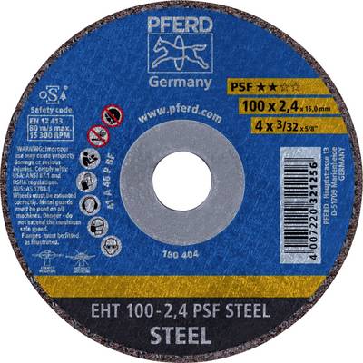 Schleifscheibe von PFERD, 100 x 2,4 mm, für Stahl, max. 80 m/s, 13.300 U/min, mit Sicherheits- und Warnhinweisen.