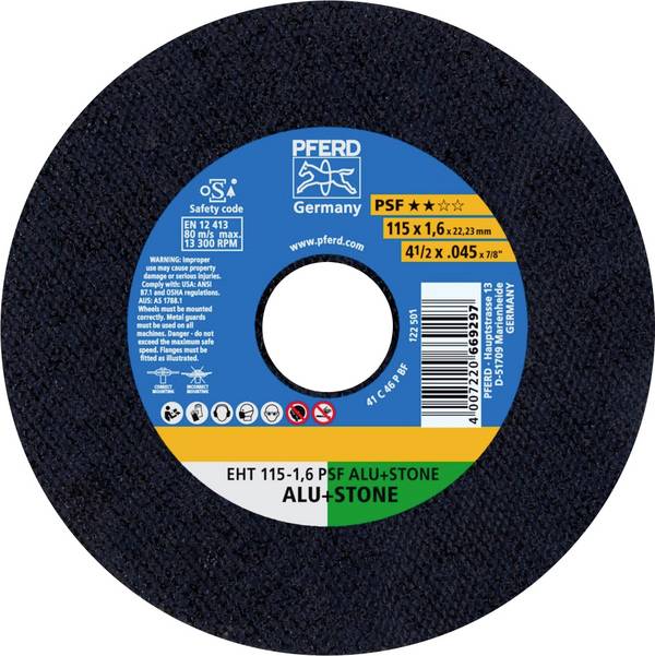 PFERD TOOLS EHT 115-1,6 PSF ALU+STONE 61818021 Trennscheibe gerade 115 mm 25 St. Aluminium, NE-Metalle, Titan, Titanlegierung, Gusseisen, Duroplast, Stein, Beton, Fliesen