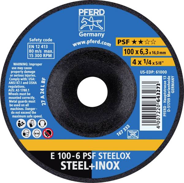 PFERD TOOLS 62010720 E 100-6 PSF STEELOX/16,0 Schruppscheibe gekröpft Durchmesser 100 mm Bohrungs-Ø 16 mm Edelstahl, Stahl 10 St.