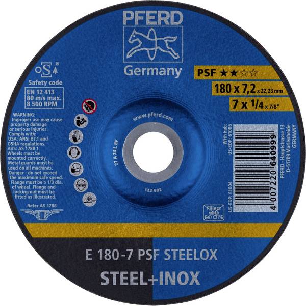 PFERD TOOLS 62017640 E 180-7 PSF STEELOX Schruppscheibe gekröpft Durchmesser 180 mm Bohrungs-Ø 22.23 mm Edelstahl, Stahl 10 St.
