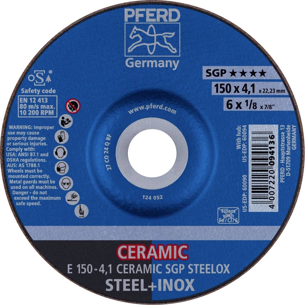 PFERD 62100150 E 150-4,1 CERAMIC SGP STEELOX Schruppscheibe gekröpft 150 mm 22.23 mm 10 St.