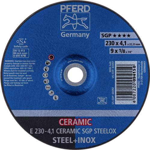 Thumbnail - PFERD TOOLS 62100230 E 230-4,1 CERAMIC SGP STEELOX Schruppscheibe gekröpft Durchmesser 230 mm Bohrungs-Ø 22.23 mm Edelst...