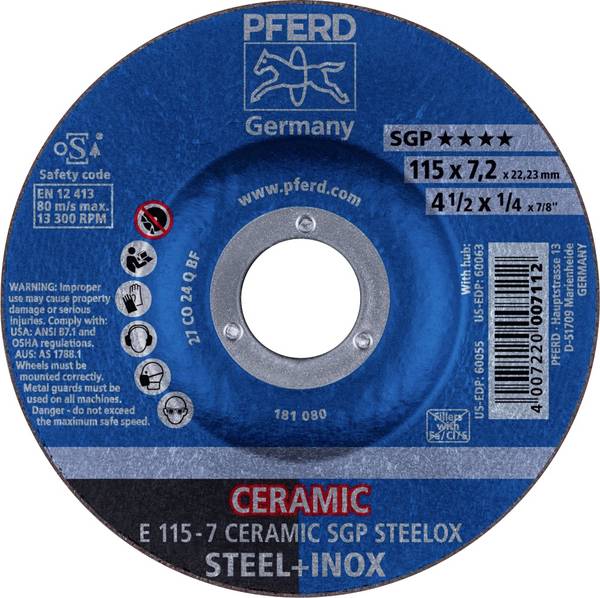 PFERD TOOLS 62211300 E 115-7 CERAMIC SGP STEELOX Schruppscheibe gekröpft Durchmesser 115 mm Bohrungs-Ø 22.23 mm Edelstahl, Stahl 10 St.