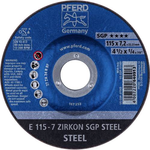 PFERD TOOLS 62211737 E 115-7 ZIRKON SGP STEEL Schruppscheibe gekröpft Durchmesser 115 mm Bohrungs-Ø 22.23 mm Stahl 10 St...