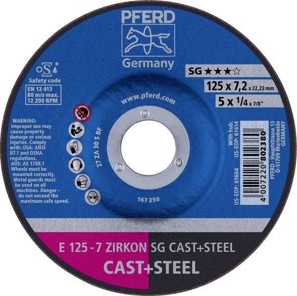 PFERD TOOLS 62212747 E 125-7 ZIRKON SG CAST+STEEL Schruppscheibe gekröpft Durchmesser 125 mm Bohrungs-Ø 22.23 mm Grau-/Sphäroguss, Stahl, Stahlguss 10 St.