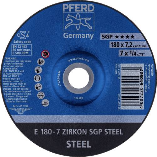 Thumbnail - PFERD TOOLS 62217737 E 180-7 ZIRKON SGP STEEL Schruppscheibe gekröpft Durchmesser 180 mm Bohrungs-Ø 22.23 mm Stahl 10 St...