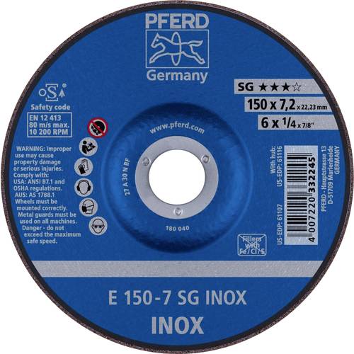 PFERD TOOLS 62222730 E 150-7 SG INOX Schruppscheibe gekröpft Durchmesser 150 mm Bohrungs-Ø 22.23 mm Edelstahl 10 St.