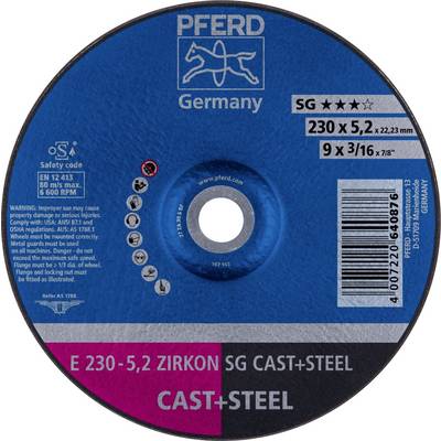 Schleifscheibe der Marke 'Pferd Germany' für 230x5,2 mm, geeignet für Stahl und Guss. Produktcode E 230-5,2 Zirkon SG.