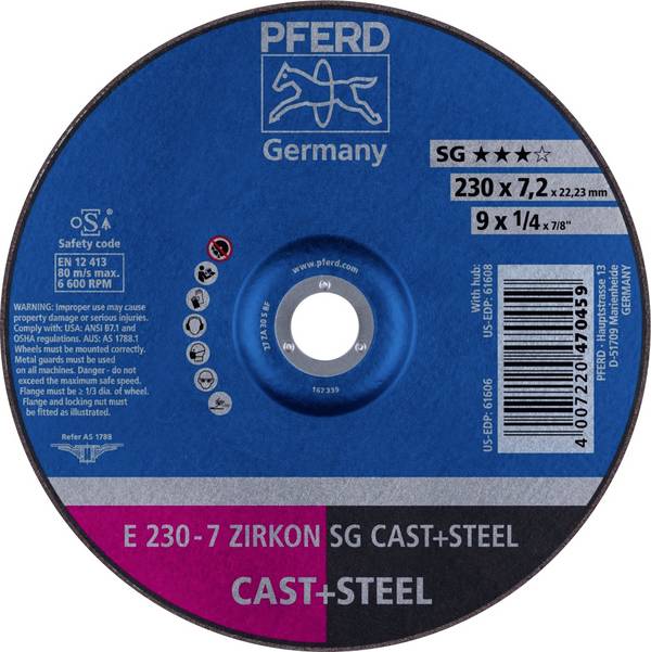 PFERD TOOLS 62223628 E 230-7 ZIRKON SG CAST+STEEL Schruppscheibe gekröpft Durchmesser 230 mm Bohrungs-Ø 22.23 mm Grau-/Sphäroguss, Stahl, Stahlguss 10 St.