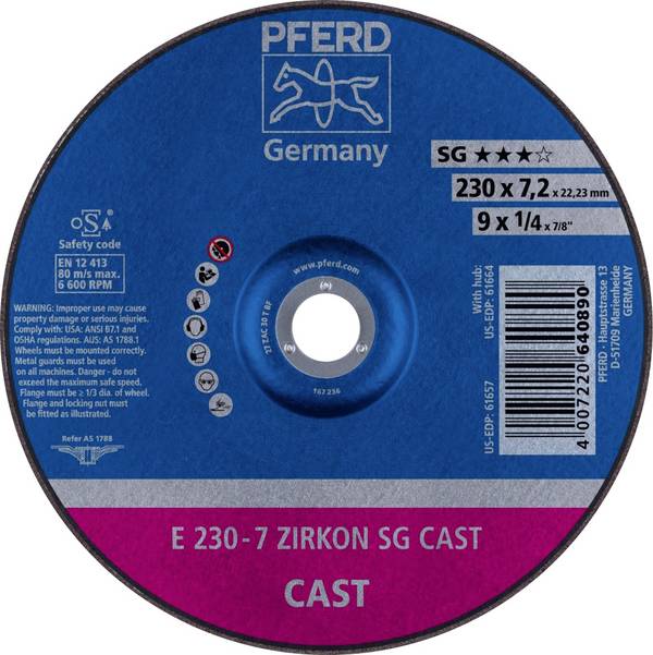 PFERD TOOLS 62223738 E 230-7 ZIRKON SG CAST Schruppscheibe gekröpft Durchmesser 230 mm Bohrungs-Ø 22.23 mm Grau-/Sphäroguss, Gusshaut 10 St.
