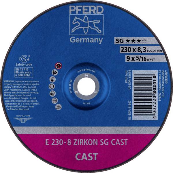 PFERD TOOLS 62223747 E 230-8 ZIRKON SG CAST Schruppscheibe gekröpft Durchmesser 230 mm Bohrungs-Ø 22.23 mm Grau-/Sphäroguss, Gusshaut 10 St.