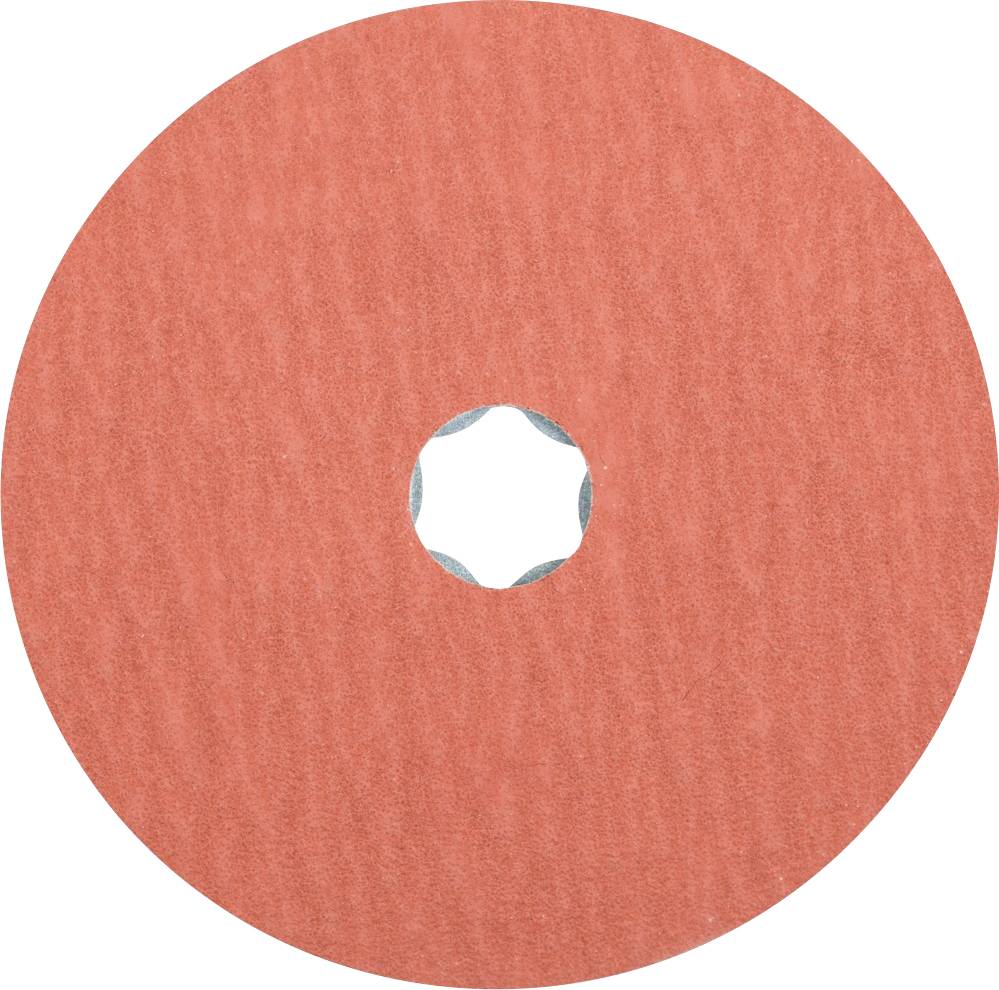 Runde, flache Schleifscheibe mit einem Loch in der Mitte, rot-orange gefärbt, für industrielle Anwendungen.
