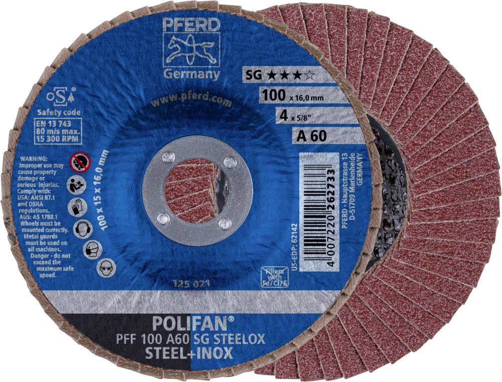 PFERD TOOLS 67606100 PFF 100 A 60 SG STEELOX/16,0 Fächerschleifscheibe Durchmesser 100 mm Bohrungs-Ø 16 mm Edelstahl, St...