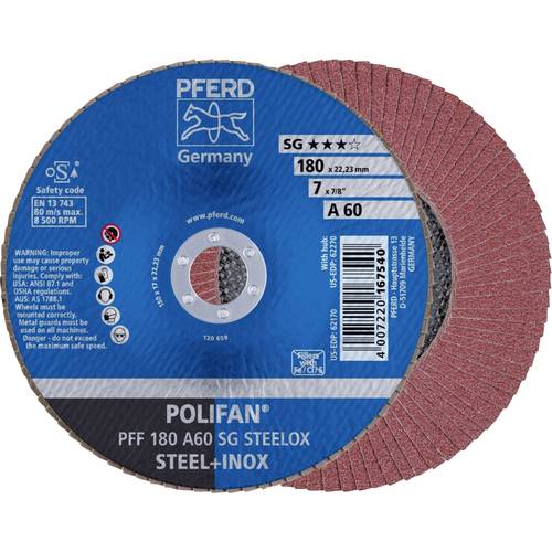 Thumbnail - PFERD TOOLS 67606185 PFF 180 A 60 SG STEELOX Fächerschleifscheibe Durchmesser 180 mm Bohrungs-Ø 22.23 mm Edelstahl, Stah...