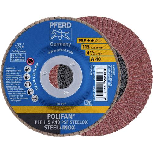 PFERD TOOLS 67644115 PFF 115 A 40 PSF STEELOX Fächerschleifscheibe Durchmesser 115 mm Bohrungs-Ø 22.23 mm Edelstahl, Sta...