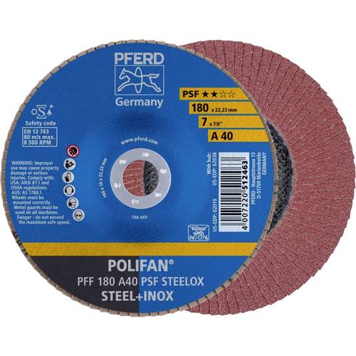 PFERD TOOLS 67644185 PFF 180 A 40 PSF STEELOX Fächerschleifscheibe Durchmesser 180 mm Bohrungs-Ø 22.23 mm Edelstahl, Sta...