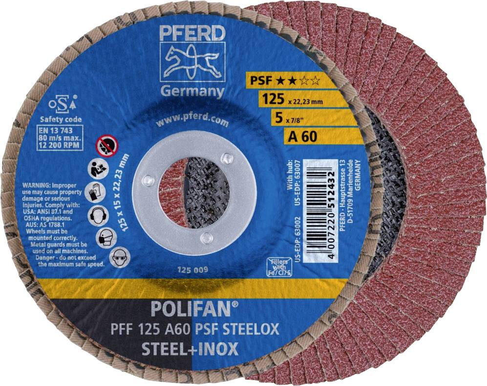 PFERD TOOLS 67646125 PFF 125 A 60 PSF STEELOX Fächerschleifscheibe Durchmesser 125 mm Bohrungs-Ø 22.23 mm Edelstahl, Sta...