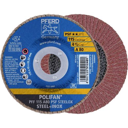 PFERD TOOLS 67648115 PFF 115 A 80 PSF STEELOX Fächerschleifscheibe Durchmesser 115 mm Bohrungs-Ø 22.23 mm Edelstahl, Sta...