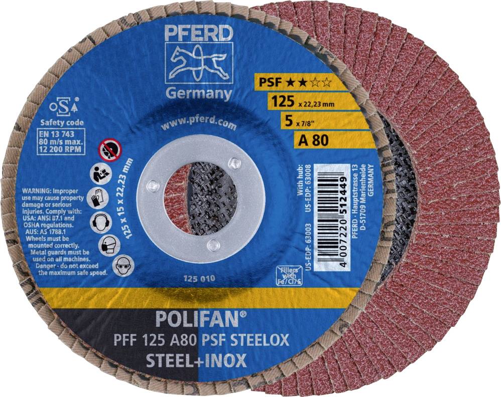 Eine blaue Schleifscheibe der Marke PFERD, mit Aufschrift 'POLIFAN PFF 125 A80 PSF STEELOX STEEL-INNOX', für Metallbearbeitung geeignet.