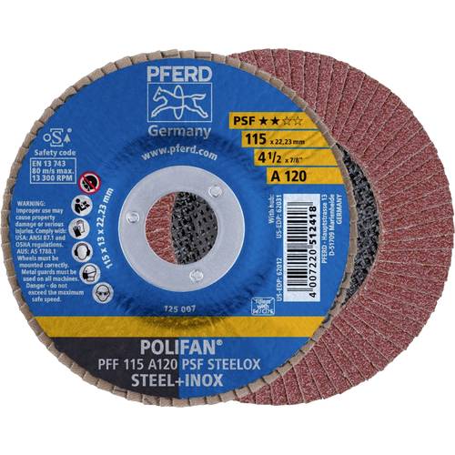PFERD TOOLS 67649115 PFF 115 A 120 PSF STEELOX Fächerschleifscheibe Durchmesser 115 mm Bohrungs-Ø 22.23 mm Edelstahl, St...