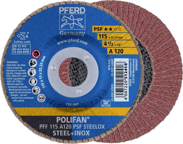 PFERD TOOLS 67649115 PFF 115 A 120 PSF STEELOX Fächerschleifscheibe Durchmesser 115 mm Bohrungs-Ø 22.23 mm Körnung (num) 120 Edelstahl, Stahl 10 St.