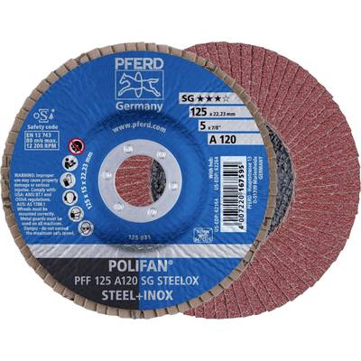 Schleifscheibe 'Pferd Polifan' für Stahl und Inox, Durchmesser 125 mm, max. 12.200 U/min. Verpackung zeigt Sicherheits- und Produkthinweise.
