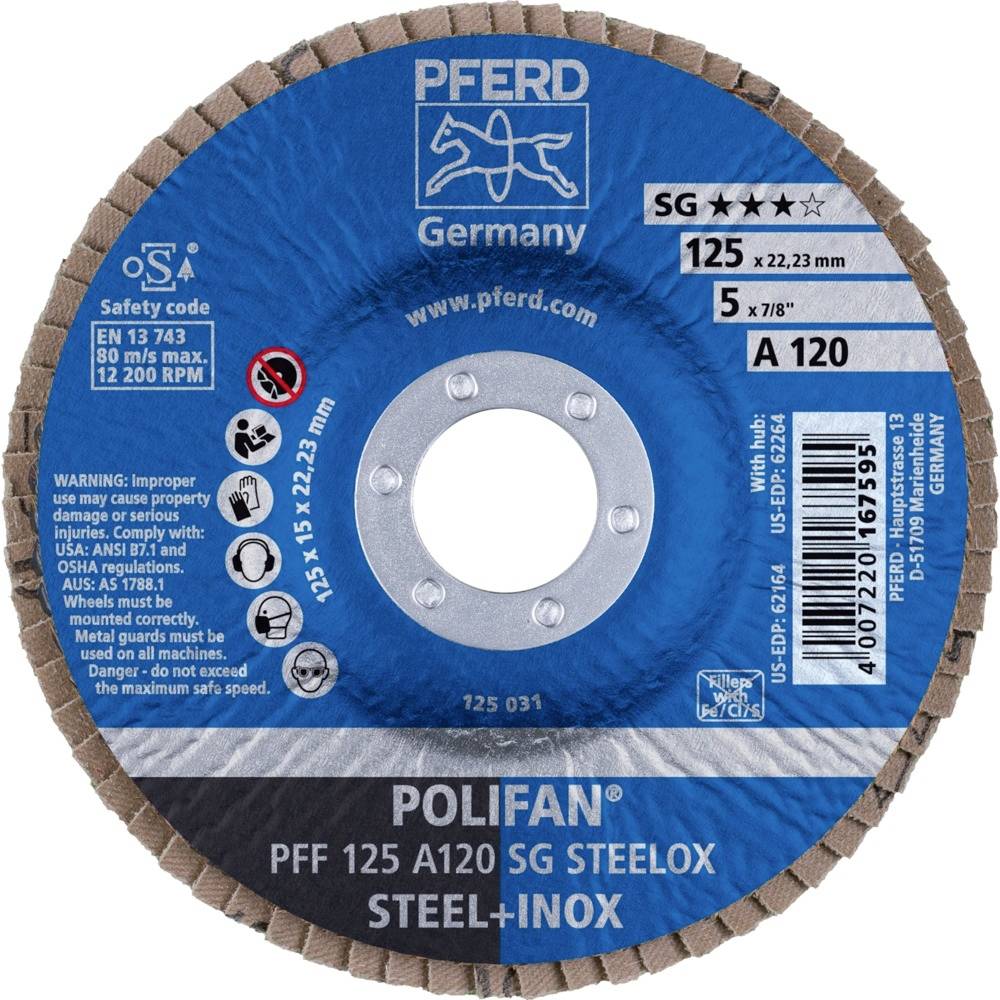 'PFERD Polifan Scheibe, A120, für Stahl und Inox, 125 mm Durchmesser. Warnhinweise zur Sicherheit bei Gebrauch.'