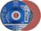 Schleifscheiben mit roten Lamellen und blauer Mitte. Markenname "Pferd", Typ "Polifan". Geeignet für INOX und ALU.