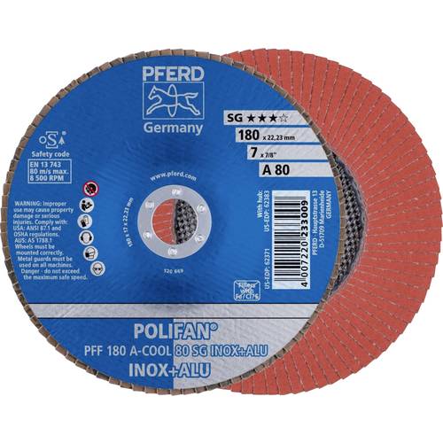 Thumbnail - PFERD TOOLS 67658185 PFF 180 A-COOL 80 SG INOX+ALU Fächerschleifscheibe Durchmesser 180 mm Bohrungs-Ø 22.23 mm Aluminium...