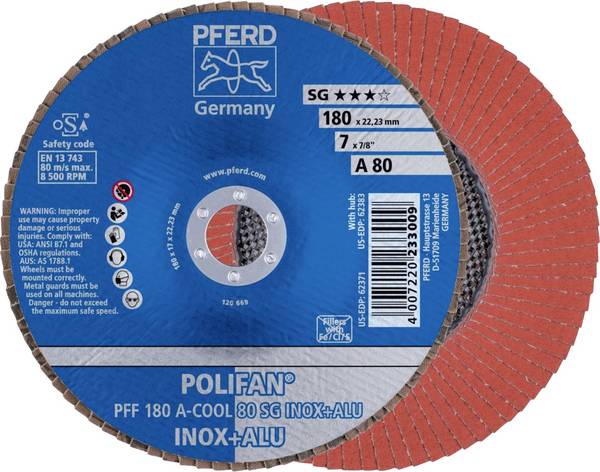 PFERD TOOLS 67658185 PFF 180 A-COOL 80 SG INOX+ALU Fächerschleifscheibe Durchmesser 180 mm Bohrungs-Ø 22.23 mm Körnung (num) 80 Aluminium, NE-Metalle, Edelstahl 10 St.