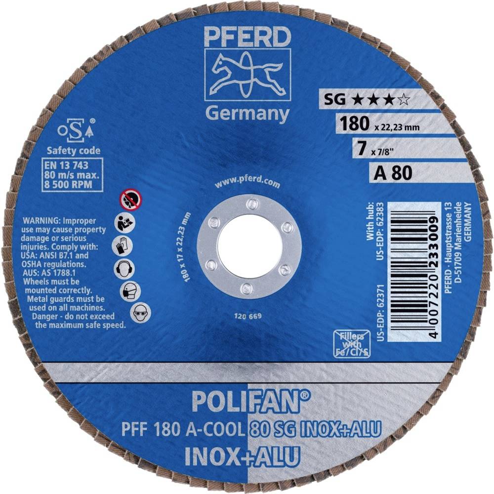 Schleifscheibe der Marke PFERD aus Deutschland. Typ: POLIFAN PFF 180 A-COOL 80 SG INOX+ALU. Durchmesser: 180 mm. Max. 8500 U/min.
