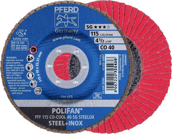 PFERD TOOLS 67660415 PFF 115 CO-COOL 40 SG STEELOX Fächerschleifscheibe Durchmesser 115 mm Bohrungs-Ø 22.23 mm Körnung (num) 40 Aluminiumlegierung, Nickelbasislegierung, Superlegierungen auf Nickel oder Titanbasis, Edelstahl, Stahl 10 St.
