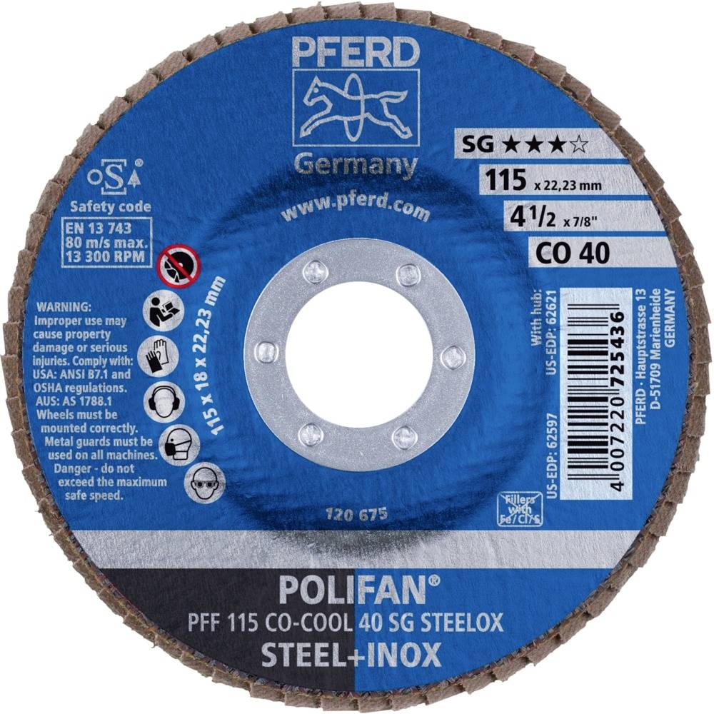 'POLIFAN CO-COOL 40 SG STEELOX' Schleifscheibe von PFERD für Stahl- und Edelstahlbearbeitung, Ø115 mm, max. 13.300 U/min, gefahrstofffrei.