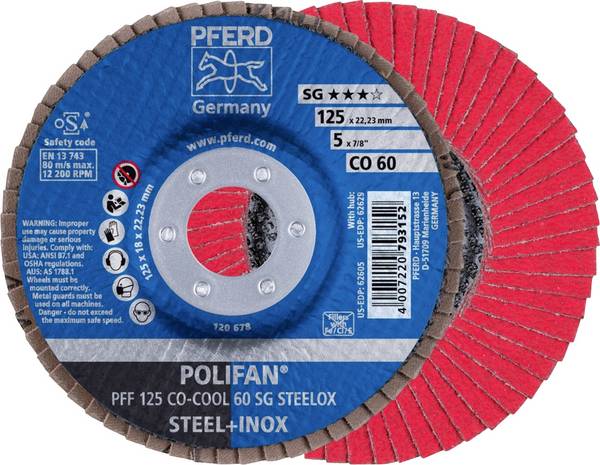 PFERD TOOLS 67660625 PFF 125 CO-COOL 60 SG STEELOX Fächerschleifscheibe Durchmesser 125 mm Bohrungs-Ø 22.23 mm Körnung (num) 60 Aluminiumlegierung, Nickelbasislegierung, Superlegierungen auf Nickel oder Titanbasis, Edelstahl, Stahl 10 St.