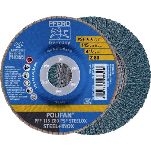 PFERD TOOLS 67668115 PFF 115 Z 80 PSF STEELOX Fächerschleifscheibe Durchmesser 115 mm Bohrungs-Ø 22.23 mm Edelstahl, Sta...