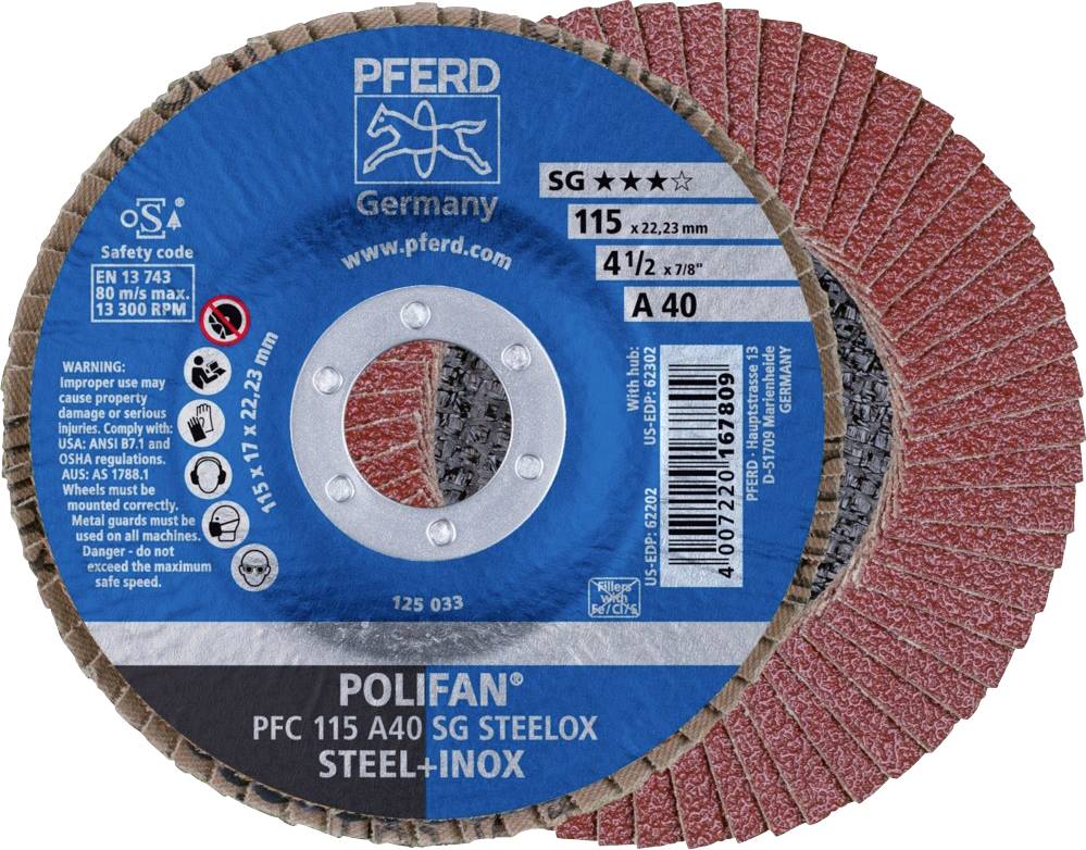 Thumbnail - PFERD TOOLS 67704115 PFC 115 A 40 SG STEELOX Fächerschleifscheibe Durchmesser 115 mm Bohrungs-Ø 22.23 mm Edelstahl, Stah...