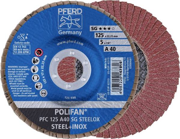PFERD TOOLS 67704125 PFC 125 A 40 SG STEELOX Fächerschleifscheibe Durchmesser 125 mm Bohrungs-Ø 22.23 mm Körnung (num) 40 Edelstahl, Stahl 10 St.